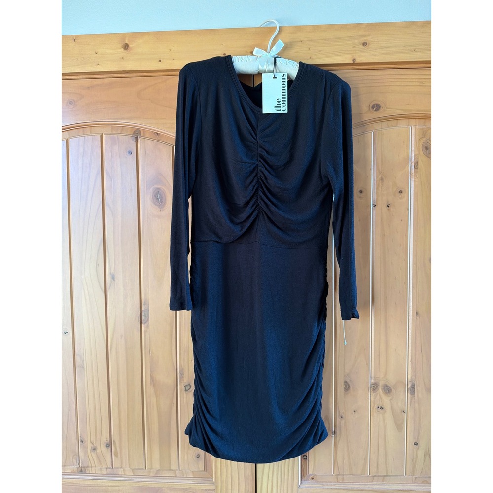 The Commons Black Ruched Long Sleeve Ribbed Knit Midi Dress Petite Medium NWT